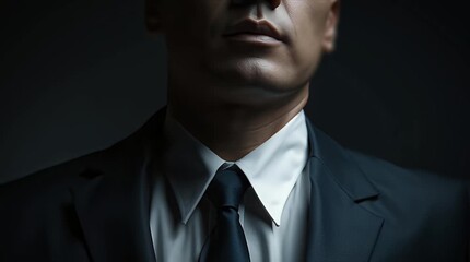 濃紺のスーツを着たビジネスマンが暗い背景でネクタイを調整しているプロフェッショナルなシネマティック映像 - Powered by Adobe