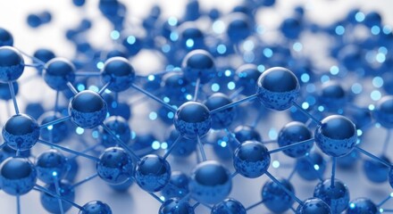 An abstract 3D render of a dark blue molecular network features spheres and lines over a white backdrop, enhanced by glowing dots, and is ideal for scientific and tech themes.