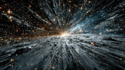 Depiction of a cosmic explosion or supernova in deep space with stars and particles.