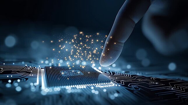 金色の光を放つ指が青いマイクロチップをタップするデータ伝送の抽象映像