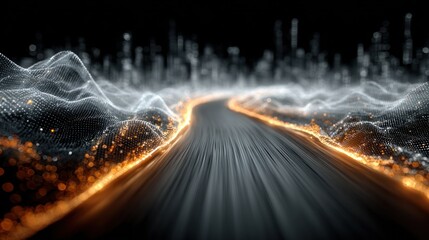 Digital cityscape road with glowing particles representing data flow and abstract mountains