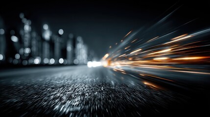 Abstract city lights streak across a dark asphalt road creating a sense of speed and motion