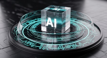 A transparent cube with AI letters stands on a glowing blue circular platform representing artificial intelligence and future technology in a dark environment.