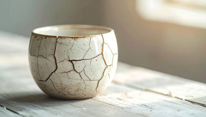 Cracked and repaired ceramic bowl shows beauty of imperfection. An antique kintsugi object with wabi sabi philosophy in soft natural light