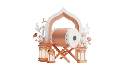 Ramadan Drum and Lanterns with Islamic Arch and Floral Accents