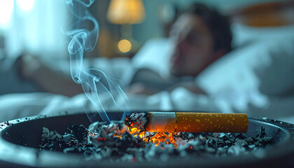 Moody close up of lit cigarette in an ashtray filled with ash. blurry man resting in dark bedroom conveys loneliness and addiction