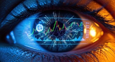 Detailed macro shot of a blue eye reflecting a financial stock market graph on its surface, with red and green analysis lines displayed digitally, under warm lighting.