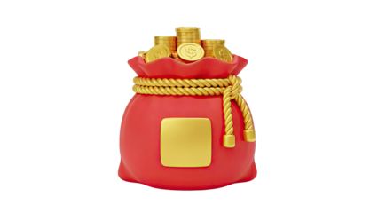 Red money bag overflowing with gold coins