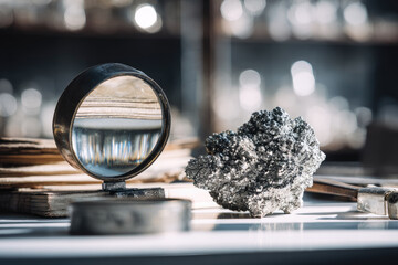 Pyrite crystal cluster displayed on table with vintage magnifying glass and old books in soft natural light creating scientific and nostalgic atmosphere