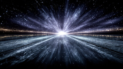 Bright explosion of light and sparkles over a reflective water surface at night.