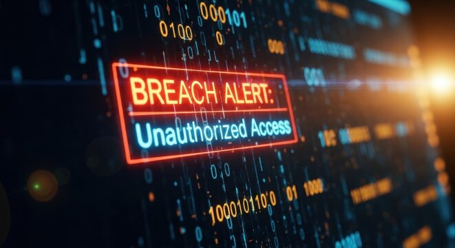A computer screen displays a red 'Breach Alert: Unauthorized Access' message amid binary code, under bright light. Illustrates cybersecurity vulnerability and risk. - Powered by Adobe