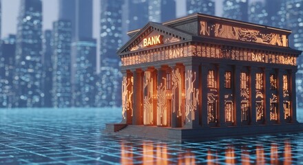 Digital bank building shines with futuristic lights, reflected in water against a blurred cityscape, creating a technological financial scene. The exterior's geometric patterns glow vividly at night.