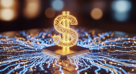 A glowing digital dollar sign rests atop a microchip with a circuit board pattern, set against a dark background, symbolizing digital currency and financial technology.