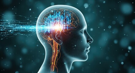 A digital head with glowing neural pathways on a dark blue background symbolizes artificial intelligence and future technology with bright lights and abstract design.