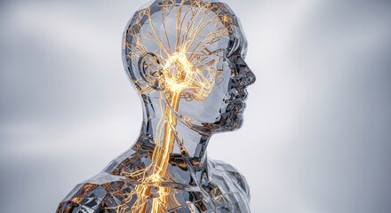 A digital representation of a human head with interconnected glowing neural pathways against a white background, symbolizing artificial intelligence.