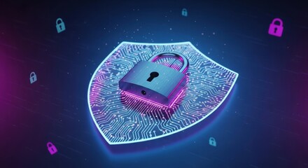 A digital padlock rests on a shield against an abstract blue purple neon background, representing digital security and data protection.