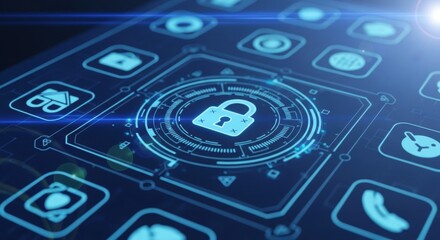 A digital padlock icon overlaid on dark screen filled with app icons depicts futuristic security technology for data protection with circuit lines and glowing effects.