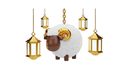 3D Cartoon Ram and Golden Lanterns, Islamic Holiday Decoration