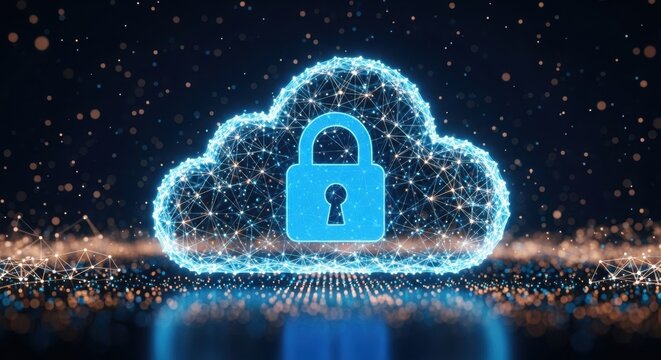 A digital depiction of cloud data security featuring a glowing padlock overlaid on a luminous particle cloud against a dark background symbolizing cyber protection. - Powered by Adobe