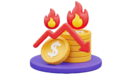 Financial Crisis: Declining Stocks with Flames and Dollar Coins