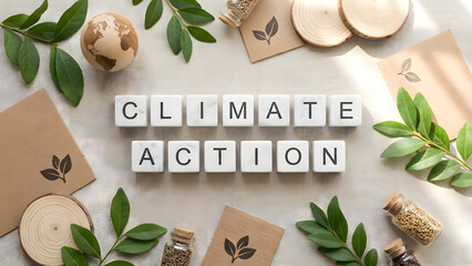 Climate action concept with eco friendly items and green leaves