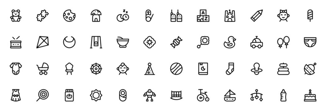 Baby icon set. Vector illustration. Baby_4500 collection. Includes teddy bear, stroller, pacifier, rattle, crib, diaper, baby clothes, bottle, cake and more. Editable stroke. - Powered by Adobe