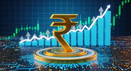A gleaming golden rupee symbol sits atop a platform, set against a backdrop of a rising stock chart and a blue grid, symbolizing financial growth.