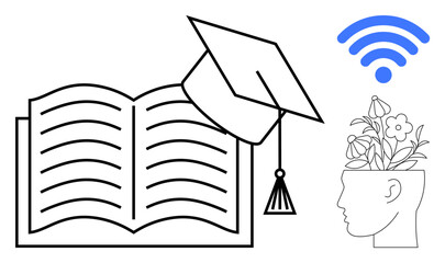 Naklejka premium Open book symbolizes education, graduation cap represents achievement, wireless conveys digital learning, head with flowers denotes growth and innovation. Ideal for e-learning, education, creativity
