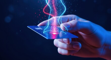 Close-up of a hand holding a blue credit card with a red and blue light trail emanating from it, set against a dark background. Highlights modern finance and technology.