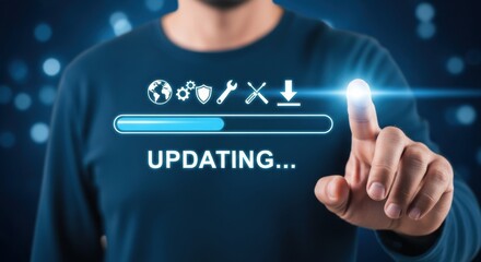 Close up of a hand pointing towards a blue updating progress bar on a dark screen, symbolizing technological advancement and digital progress.