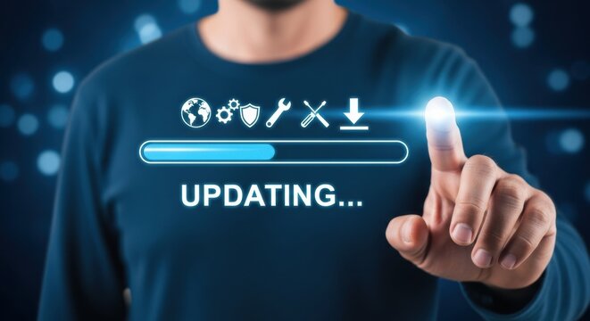 Close up of a hand pointing towards a blue updating progress bar on a dark screen, symbolizing technological advancement and digital progress. - Powered by Adobe