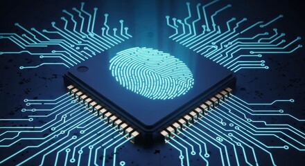 A biometric microchip with an illuminated fingerprint rests on circuit lines. A high tech technology, symbolizing digital security and personal identification.