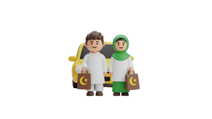 Muslim Couple with Shopping Bags and Car