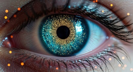 Detailed close-up of a human eye with a circuit board design in the iris, featuring shades of blue and gold. High-tech and futuristic theme.