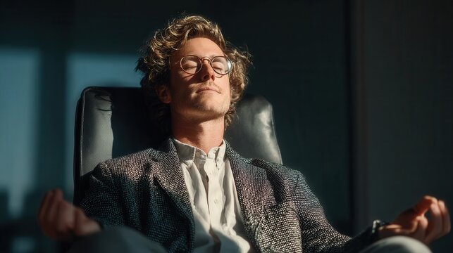 Relaxed businessman meditating in office chair with hands up - Powered by Adobe