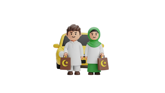 Muslim Couple with Shopping Bags and Car - Powered by Adobe