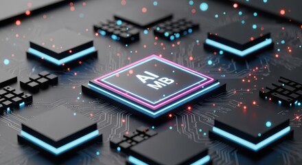 Close up of a central processing unit with an AI chip surrounded by glowing red and blue lights. Dark surface with a detailed circuitry pattern enhances the technological concept.
