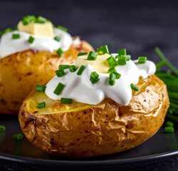Baked potatoes with butter sour cream and chives 