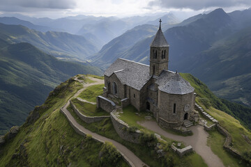 Historic stone church perched on mountain ridge with winding path and layered alpine valleys