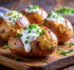 Baked potatoes with butter sour cream and chives 