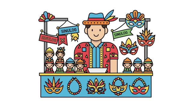 Colorful Illustration of Sinulog Festival Stall with People and Festive Masks and Decorations