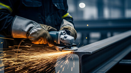 Industrial Worker Cutting Metal Beam with an Angle Grinder