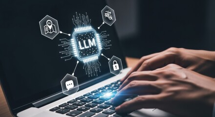 Close up of person typing on laptop with the LLM concept displayed with glowing hexagons and icons in dark background showcasing modern technology.