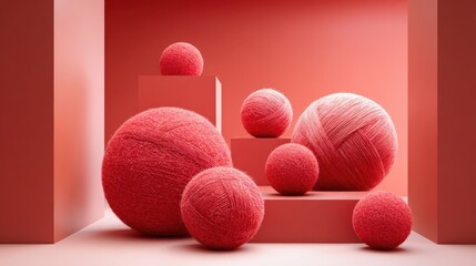 Oversized realistic red yarn balls displayed in a whimsical visual merchandising setup, showcasing various sizes and textures against a solid background