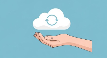 A pixel art image features a hand holding a white cloud with refresh arrows, set against a light blue backdrop, symbolizing cloud computing.