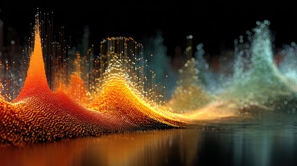 Vibrant abstract digital wave of glowing particles transitioning from orange to teal