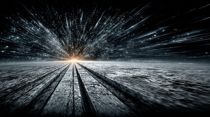 A surreal landscape with star-like light streaks and a railway track disappearing into the horizon.