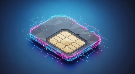 A realistic sim card isolated on a blue background with a network of glowing pink and blue light trails, perfect for illustrating modern communication technology.