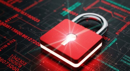 Close up of a red padlock on a circuit board backdrop, representing data security and digital protection in a cybersecurity context.