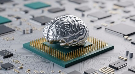 Detailed 3D render of a silver brain atop a green CPU on a gray circuit board, symbolizing artificial intelligence and advanced neural networks.